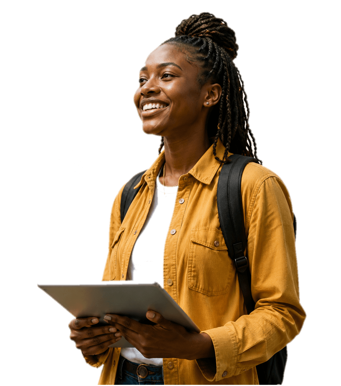 Student looking confidently toward future opportunities while holding a tablet